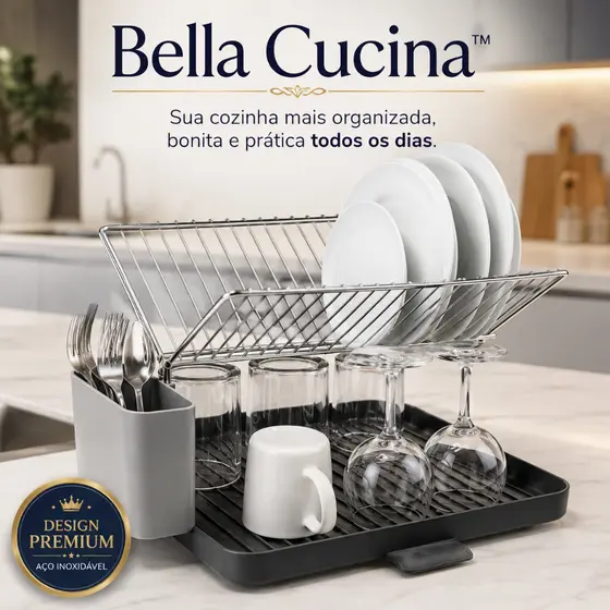 Escorredor de Pratos Inox com Porta Talheres, Bandeja Coletora, 13 Pratos | Organizador de Pia