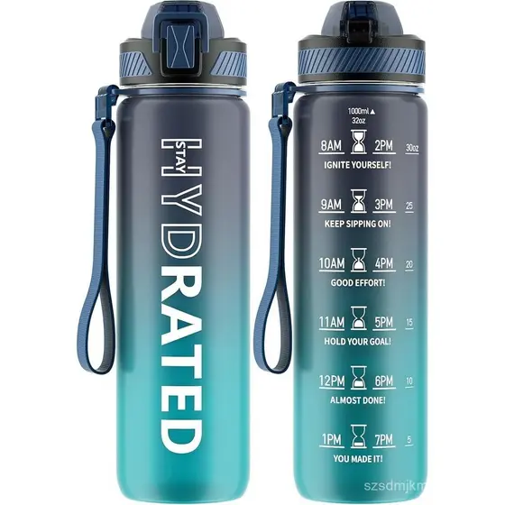 Garrafa de Água QLUR com Canudo, 32oz, Garrafa Motivacional com Marcador de Tempo para Beber, Tritan, Garrafa Esportiva