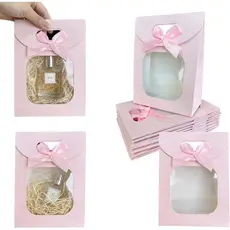 Muimurex 24 unidades de Sacos de Papel Kraft Mini Rosa com Janela Transparente, 4,7x2,4x6,2 Polegadas, Sacos de Presente