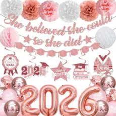 Decorações de Formatura Rosa Turma de 2026, as Decorações de Formatura Rosa Incluem Faixa "Ela Acreditou Que Poderia", G