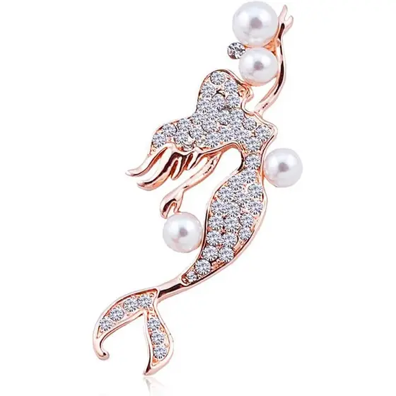 Elegante Broche de Lapela em Forma de Peixe Sereia com Zircônia Cúbica, Strass e Pérola Falsa, Pins de Animais Marinhos,