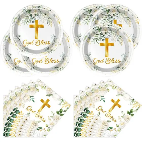 Conjunto de Louças OULUN God Bless, Primeira Comunhão 20 Pratos e 20 Guardanapos, Para Batismo de Recém-Nascidos, Decora
