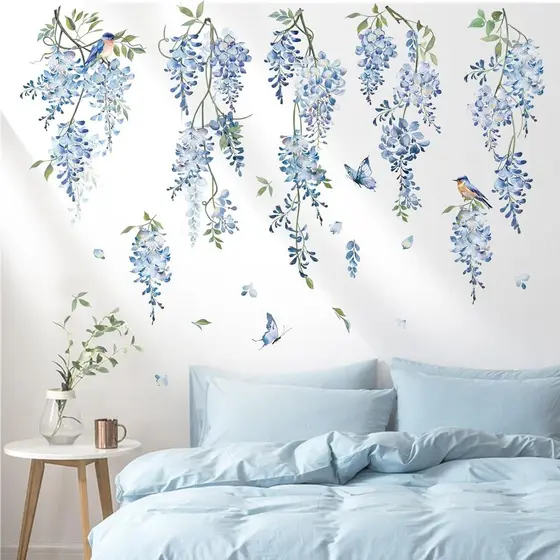 decalmile Adesivo de Parede com Flores Pendentes Azul Wisteria, Adesivos Florais para Sala de Estar, Quarto, Sofá, Fundo