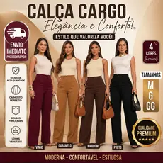 Calça Cargo Feminina Premium Wide Leg Bolso Cargo Moderna Confortável M ao GG