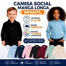 Camisa Social Manga Longa Infantil Unissex Lisa Básica Tam 2 ao 10 - Envio Imediato !!!