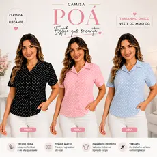 Camisa Feminina Poá Tecido Duna Manga Curta Social Tamanho Único Veste M ao GG - Envio Imediato !!!