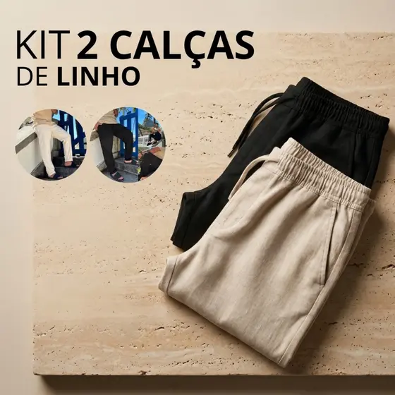 Kit 2 Calça De Linho Masculina Cordão Ajustável Rústica Leve Bege Praia Premium Verão Estilosas