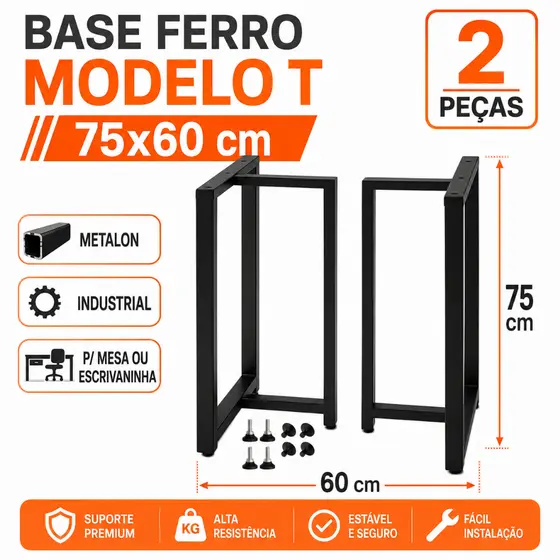 Pé de Mesa Estilo Industrial Moderna Base Ferro Modelo T 75 x 60 Metalon Escrivaninha Jantar Premium