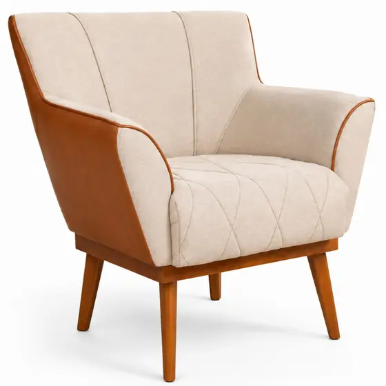 Poltrona Decorativa Cosmopolita Linho Bege Courino Madeira Sala Estar Escritório Salão Recepção Pés Madeira Premium