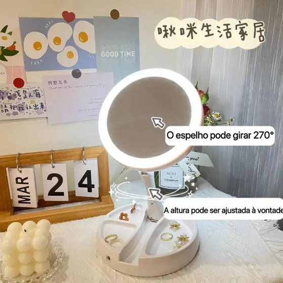 Espelho de Maquiagem Duplo LED com Zoom 10x Dobrável e USB - Iluminação Perfeita e Ampliação Profissional
