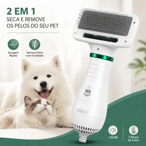 Escova Secadora Pet 2 em 1 para Cachorro Gato Removedor de Pelos Secador Silencioso 2 Temperaturas