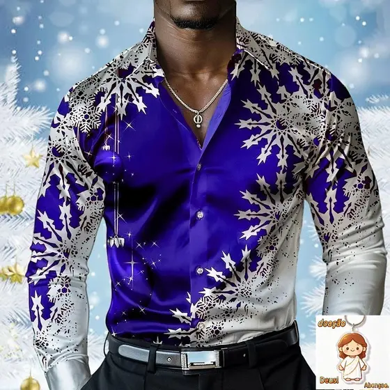 Natal Masculino Cena De 3d Impresso Camisas Formais Floco De Neve Moda Casual Lapela Botão Manga Longa Festa Camisa Masc