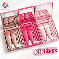 ANA1108 KIT 12PCS Mini Espelho De Maquiagem Portátil Com 5 Pcs Pincéis De Maquiagem Lupa Mão Segurar Bolso Dobrável