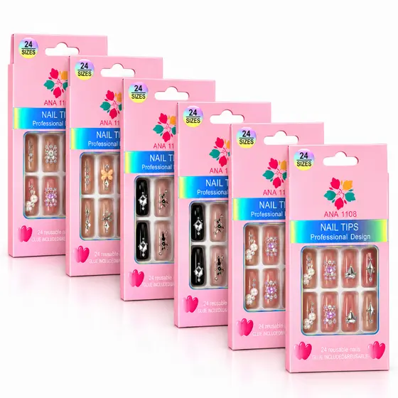 KIT 24/48/72 Unhas C/Cola Postiça Decorada Glitter Bailarina Quadrada Amendoada Francesinha Pintada Unha