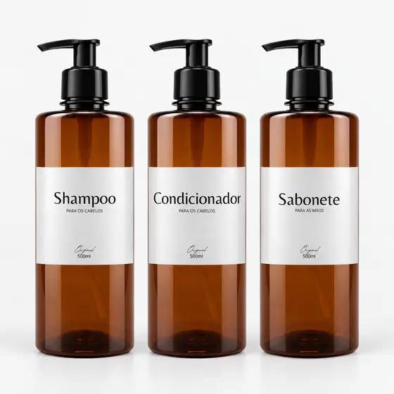 Kit 3 Frascos PET Âmbar 500ml com Pump | Shampoo, Condicionador e Sabonete