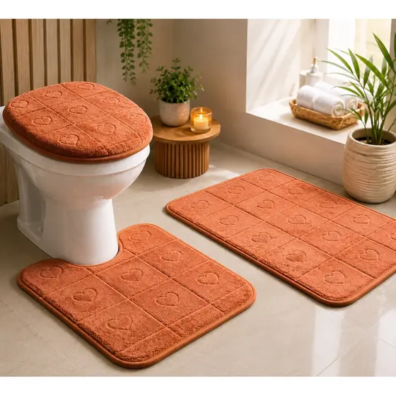Kit Jogo de Banheiro Premium 3 Peças - Antiderrapante Macio Tapete + Vaso + Tampa Lavável Resistente
