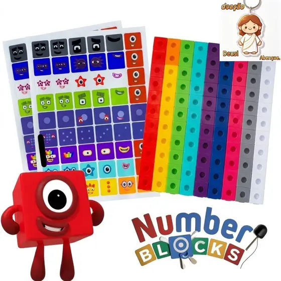 Numberblocks Brinquedo Educacional 100 Pcs , 1 Adesivo E 4 Minifiguras Brinquedos Para Crianças