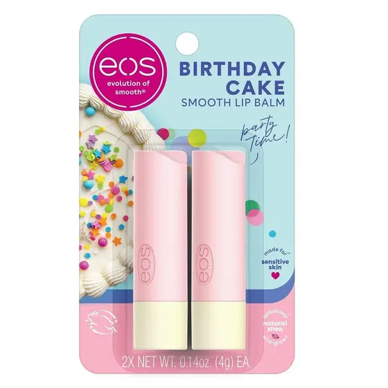 eosSheaLipBalm - Sabor Bolo de Aniversário, eoslipbalm, hidratação durante todo o dia, cuidado labial, manteiga de karit