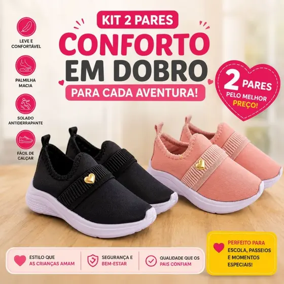 Kit 2 Pares Tênis Feminino Calce Fácil Infantil Menina Leve e Confortável Casual Promoção Premium
