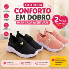 Kit 2 Pares Tênis Feminino Calce Fácil Infantil Menina Leve e Confortável Casual Promoção Premium