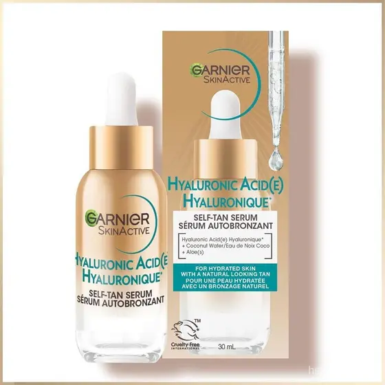Sérum autobronzeador Garnier, um sérum autobronzeador que contém ácido hialurônico.   MEF9
