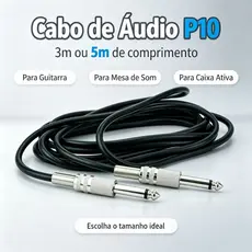 Cabo de Áudio P10 Mono 3/5Metros Compatível com Violão, Baixo, Teclado, Bateria Eletrônica, Caixa de Som e Amplificador