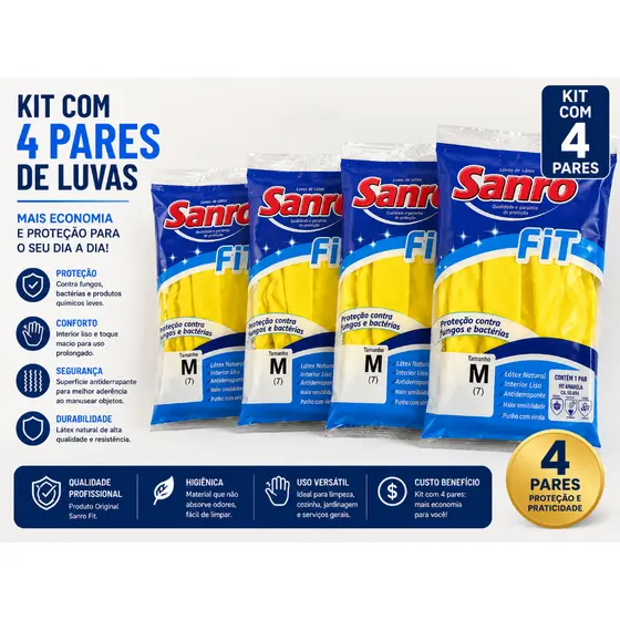 Kit 4 Pares Luvas Limpeza Doméstica de Látex Sanro Fit Original P M G Reforçada Antiderrapante Alta Durabilidade