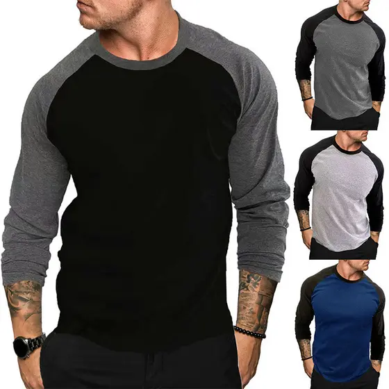 Cross-Border manga comprida em torno do pescoço camiseta masculina solta respirável tamanho grande camisa de fundo Casua
