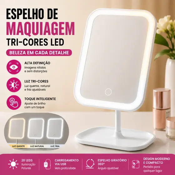 Espelho de Maquiagem Mesa LED 3 Cores Recarregável Espelho Mesa Touch Luzes Ajustáveis Portátil USB