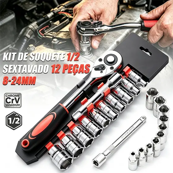 Jogo com 12 soquetes sextavados 8 a 24mm 1/2", catraca reversível em aço CRV, para mecânica automotiva