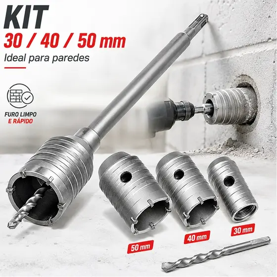 Kit serras copo 30/40/50mm SDS Plus, perfura concreto e alvenaria, compatível com martelete e furadeira profissional