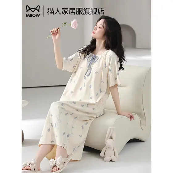 Gato camisola feminina verão com almofada no peito puro algodão feminino High-End verão clássico pijamas feminino 2026 n