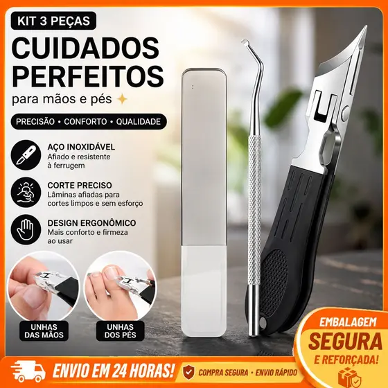 Kit 3 Cortadores de Unhas Inox para Mãos e Pés Bico Longo com Lixa Alicate para Unhas Encravadas