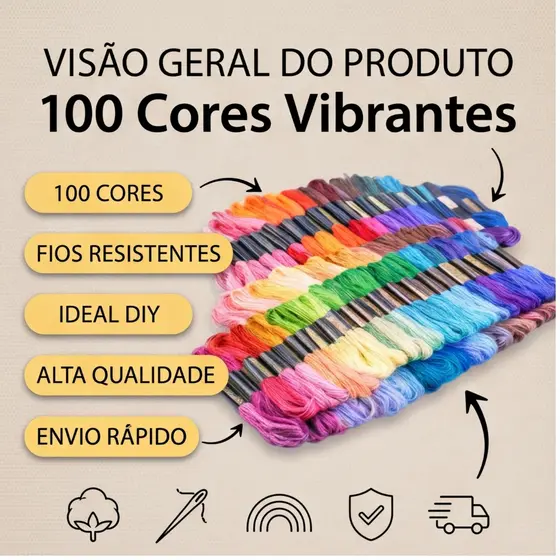 Meadas de Fios Coloridos para Bordado Kit 100 Cores Resistente Fio Algodão Poliéster para Iniciantes em Ponto Cruz
