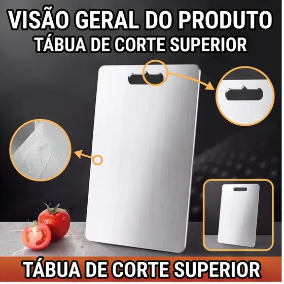 Tábua de Cozinha em Aço Inoxidável, Higiênica para Cortar Carne, Legumes e Frutas