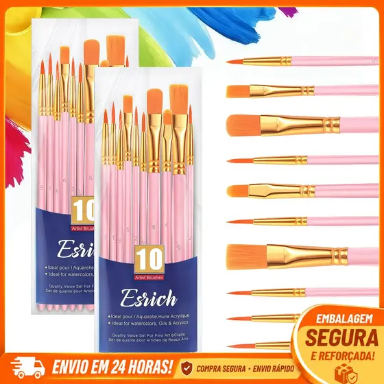 Kit com 10 Pincéis Artísticos Cerdas Macias para Pintura Aquarela, Guache, Óleo e Acrílica