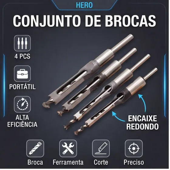 Jogo com 4 Brocas para Furo Quadrado Tamanhos 1/4, 5/16, 3/8 e 1/2 para Furadeira de Bancada e Trabalhos em Madeira