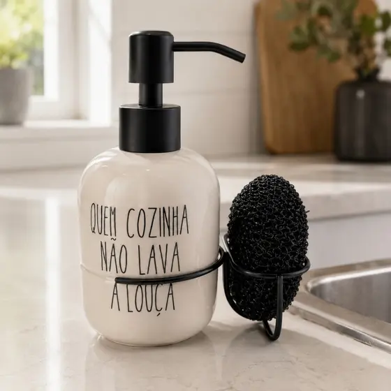 Kit Dispenser Cerâmica Detergente com Suporte para Esponja 350 ml