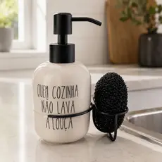 Kit Dispenser Cerâmica Detergente com Suporte para Esponja 350 ml