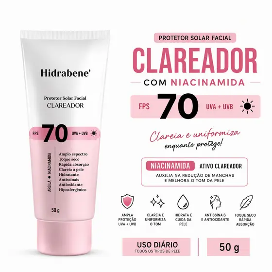 Protetor Solar Facial Hidrabene Clareador FPS 70 Antissinais Clareia a pele Toque Seco 50g