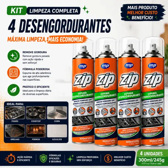 Espuma Desengordurante Spray Limpeza de Cozinha, Fogão e Gordura Pesada Zip Clean