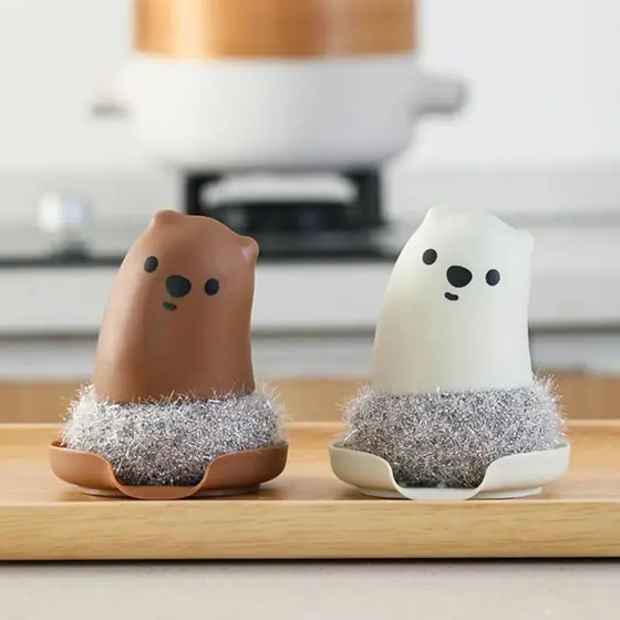 Cabilock 2 peças de escovas de limpeza de cozinha com desenho de urso para esfregar panelas e tigelas, escovas de cozinh