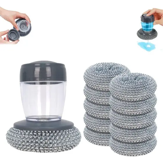 Escova de Limpeza para Cozinha com Dispensador de Sabão e Cabo Confortável, Escova de Limpeza com 10 Peças de Dispensado