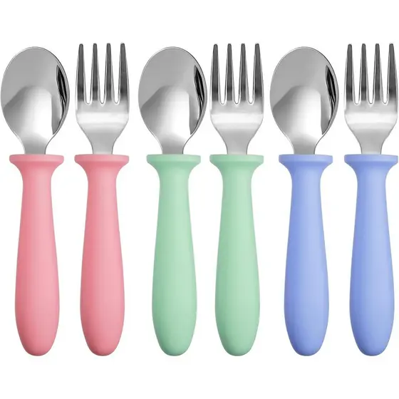 Pimoys Conjunto de 6 Peças de Talheres para Crianças, Garfos e Colheres, Conjunto de Talheres Infantis com Cabo de Plást