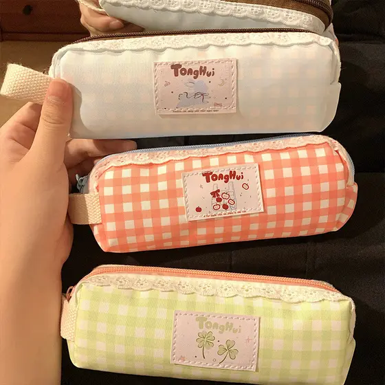 Caixa de papelaria de tecido verificado, combinação de cores, estojo de lápis de estudante, caixa de papelaria, armazena