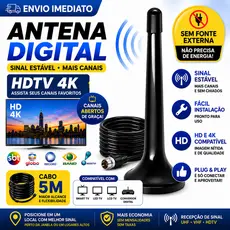 KIT3 Antena TV Digital HDTV 4K 4dBi Potente | UHF VHF FM Fácil Instalar | Interna Externa Alcance Amplo Base Magnética