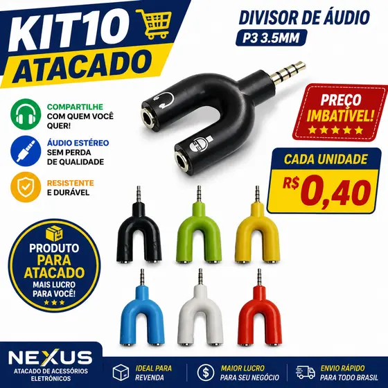Atacado Kit 10 Splitter P3 para P2 | Adaptador Áudio e Microfone para PC Xbox PS4 Headset  GAMER P25