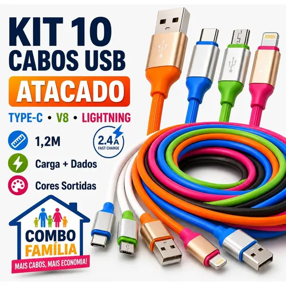 Atacado Kit10 Cabos Emborrachados – USB Type-C, V8 e Lightning Dados Carga Rápida cabo carregador Q-Borracha universal