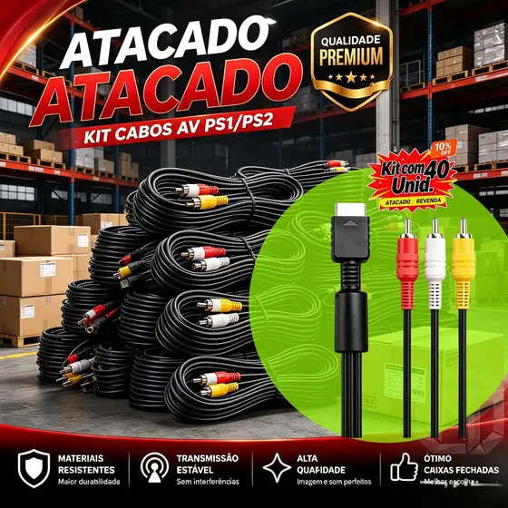 Atacado Lote Grande Kit 10 Cabo AV RCA PS1 PS2 PS3 1,5m | Revenda Compatível Todos Modelos | Áudio Vídeo TV