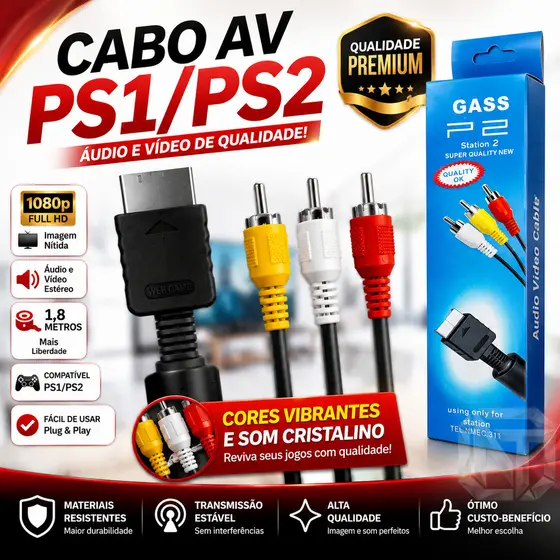 Atacado Lote Grande Kit 10 Cabo AV RCA PS1 PS2 PS3 1,5m | Compatível Todos Modelos | Áudio Vídeo TV Revenda
